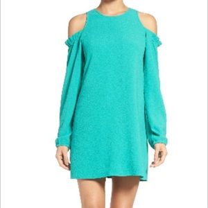 Charles Henry Cold Shoulders Crepe Shift Dress Long Sleeves Green Sz S